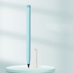 A light blue pencil with a transparent cap, displayed on a minimalistic surface.