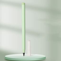 A green pencil with a sleek design, featuring a transparent cap, displayed on a pale circular surface.