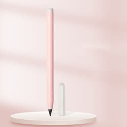 A pink pencil stands upright next to its clear cap on a white circular platform with a soft background.