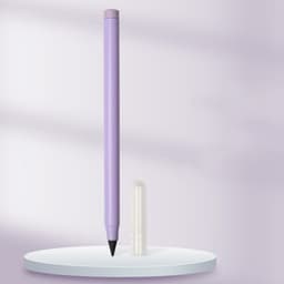 A purple pencil with a clear cap, displayed on a circular surface against a softly lit background.