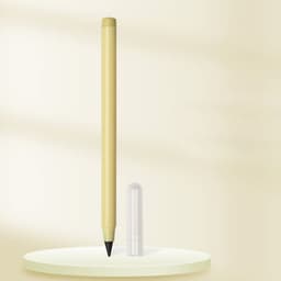 A long, beige pencil stands upright beside a clear cap on a circular surface.