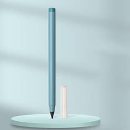 A teal pencil with a black tip standing next to a transparent cap on a light teal circular base.