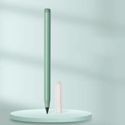 A green pencil with a clear cap displayed on a circular platform against a soft background.