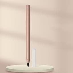 A pink pencil stands upright beside a clear cap on a light surface, with a soft shadow effect in the background.