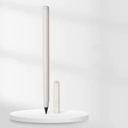 A white pencil and its cap, displayed on a round surface against a light background. The product has a logo.