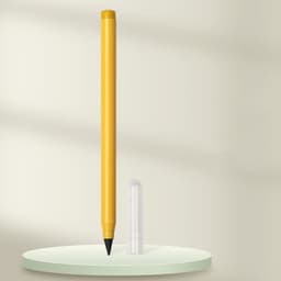A yellow pencil with a black tip stands beside a clear plastic cap on a light green base.