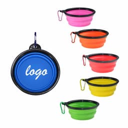 A set of collapsible pet bowls in pink, orange, yellow, green, and blue, each with a black rim and a clip.