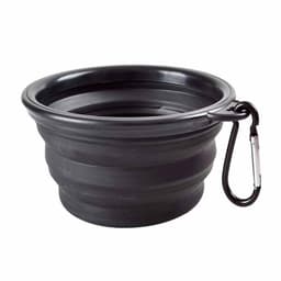 A collapsible pet bowl in black with a carabiner attachment for easy portability.