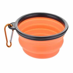 An orange collapsible pet bowl with a black rim and a metal carabiner attached.