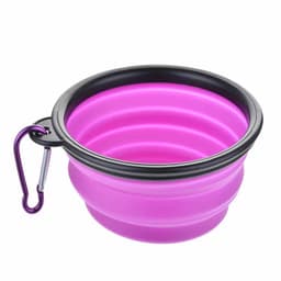 A purple collapsible pet bowl with a black rim and a metal carabiner for attachment. It has a simple design.