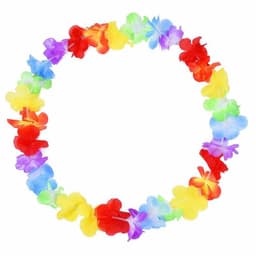 A vibrant flower wreath in red, yellow, blue, green, and purple hues, arranged in a circular shape.
