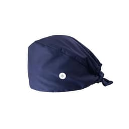 A navy medical work cap with a button and a tied back design.