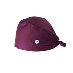 A purple medical work cap with a tied back and a button detail on the side. It includes a logo.