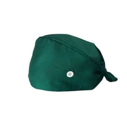 A green medical work cap with a button and a tied back design.