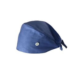A blue medical work cap with a tied back and button detail on the side.
