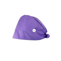 A purple medical work cap with a knot and a white button detail. It features a logo on the side.