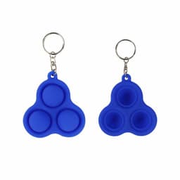 A blue silicone decompression toy with three push buttons attached to a key ring.