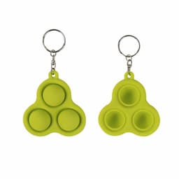 A green silicone decompression toy shaped like a triangle with three popping bubbles, attached to a metal key ring.