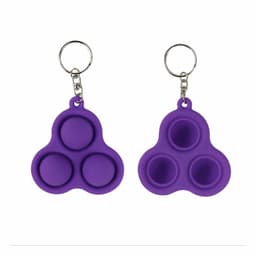 A set of purple decompression toys with key rings, featuring three raised buttons in a triangular shape.