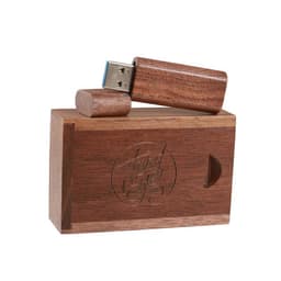 A bamboo USB stick in a wooden case, featuring a logo and a brown colour scheme.