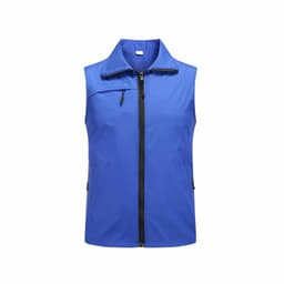 A blue work vest with a front zip, featuring pockets on the sides and a small pocket on the chest.