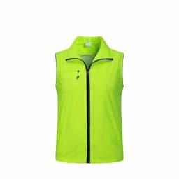A bright lime green work vest with pockets and a front zipper, featuring a small logo on the upper left side.