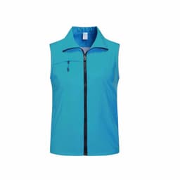 A sleeveless work vest in vibrant blue, featuring a front zipper and a pocket. It has a logo on the fabric.
