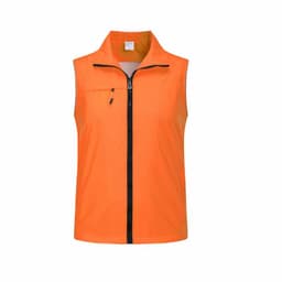 An orange work vest featuring pockets and a front zipper, with a collar and no sleeves.