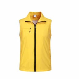 A yellow work vest with pockets and a front zip closure, featuring no sleeves and a logo on the chest.
