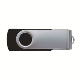 A swivel USB flash drive features a silver and black design with a circular hole for attachment.
