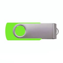 A green and silver 2G swivel USB flash drive, featuring a metallic body and a swiveling cap.