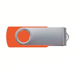 A silver and orange 2G swivel USB flash drive with a circular hole and a metal swivel feature.