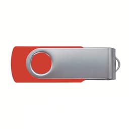 A red and silver 2G swivel USB flash drive with a circular hole for attachment. It features a branding logo.