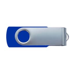 A blue and silver 2G swivel USB flash drive featuring a circular hole for attachment. The product has a logo.
