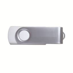 A silver and white 2G swivel USB flash drive with a circular pivot design and a loop for attachment.
