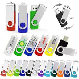 A collection of multi-coloured 4G swivel USB flash drives, featuring grey metallic accents and various branding options.