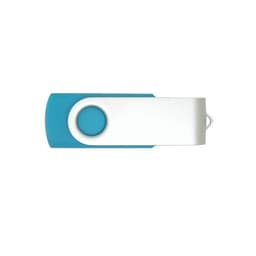 A blue and white 4G swivel USB flash drive with a circular button and a keyring attachment.