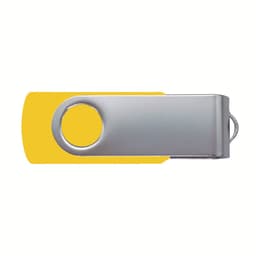 A silver 4G swivel USB flash drive with a bright yellow casing and a circular hole for attachment.