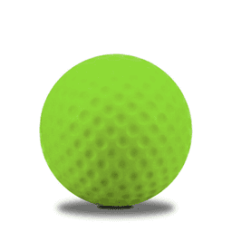 A bright green golf ball reliever with a textured surface. It features a circular shape and includes a logo.