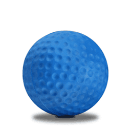 A blue, rubber-like golf ball relief product featuring a dimpled surface, accompanied by a logo.