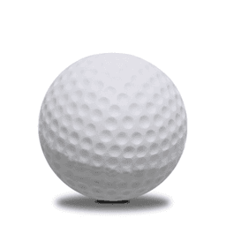 A white golf ball with dimpled texture, featuring a central indentation and a subtle logo.