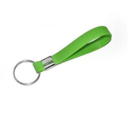 A green silicone wristband keychain with a metal ring at one end. The design is simple and sleek.