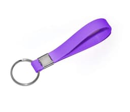A purple silicone wristband keychain with a metal ring connector.