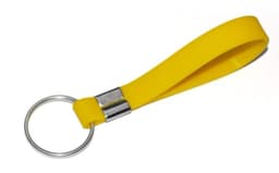 A yellow silicone wristband keychain with a metal ring attachment. Features a smooth, flexible design.
