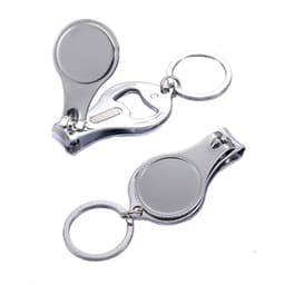 A shiny silver nail clipper with a bottle opener and a key ring attachment. It has a sleek, compact design.