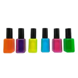 A collection of six nail polish highlighters in vibrant shades: orange, purple, yellow, blue, pink, and green. Each has a black cap.