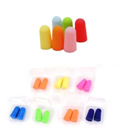 Five pairs of foam ear plugs in various colours, including pink, orange, blue, green, and red, displayed in clear cases.