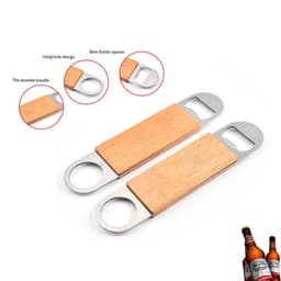 A drink bottle opener featuring a wooden handle and stainless steel ends, with a design for easy hanging.