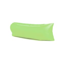 A green inflatable air lounger sofa, featuring a smooth design and a branding logo.
