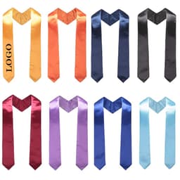 A collection of satin graduation honour stoles in various colours including orange, black, maroon, purple, and blue.